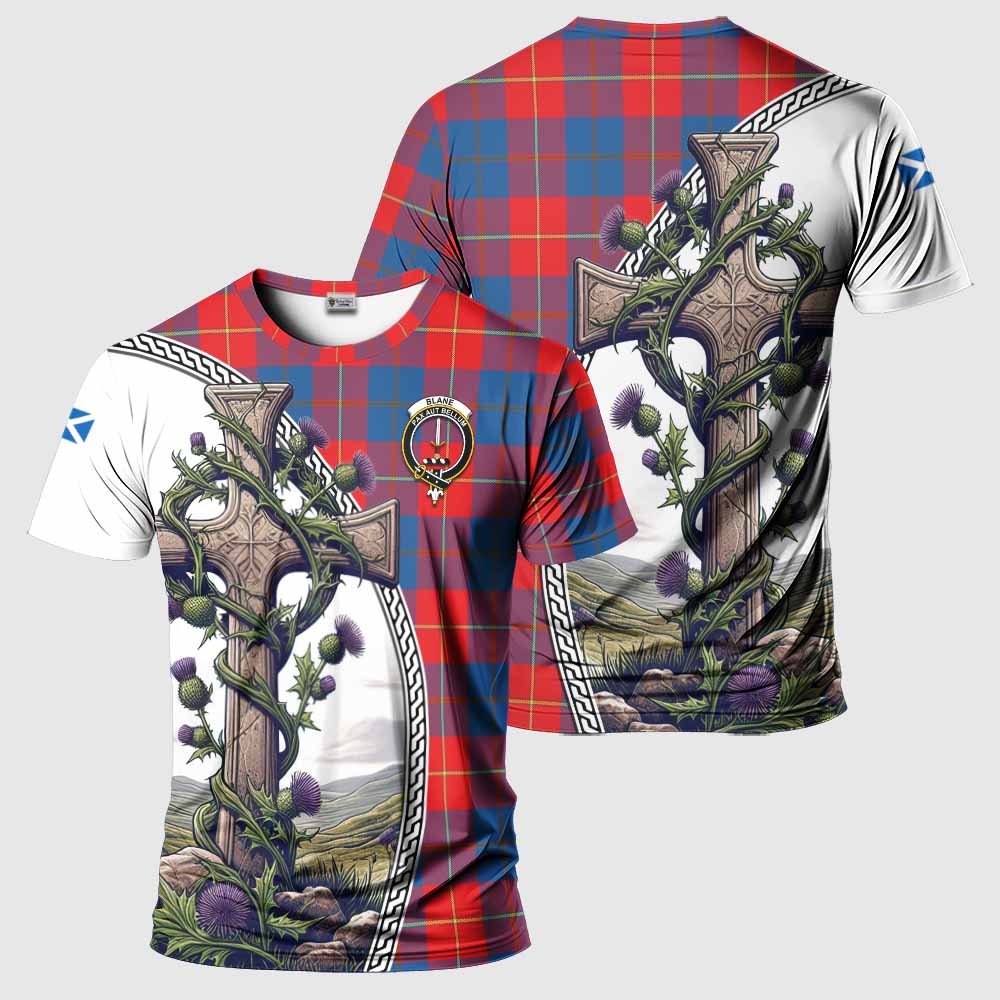 Tartan Vibes Clothing Blane Agnew Tartan T-Shirt with Family Crest and St. Andrew's Cross Accented by Thistle Vines