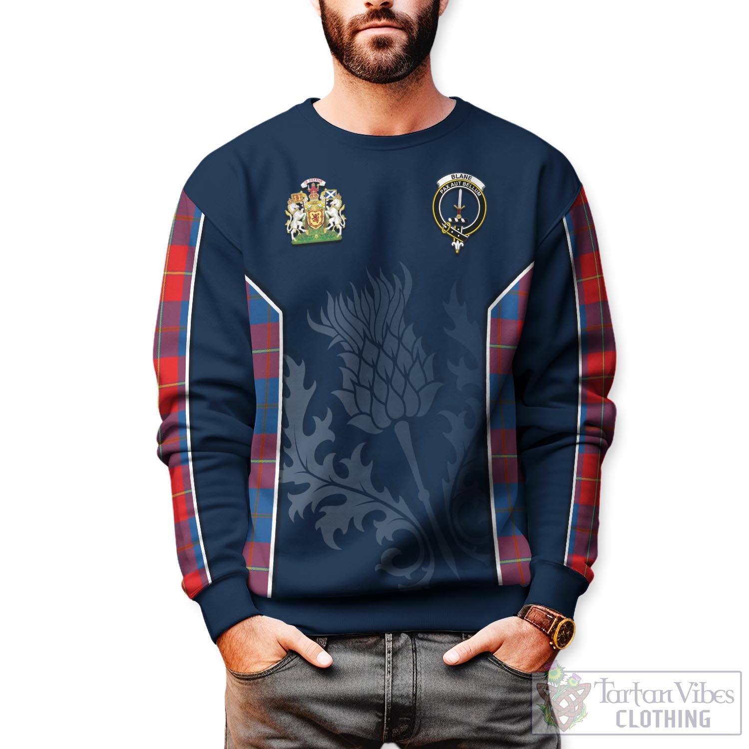 Tartan Vibes Clothing Blane Tartan Sweatshirt with Family Crest and Scottish Thistle Vibes Sport Style