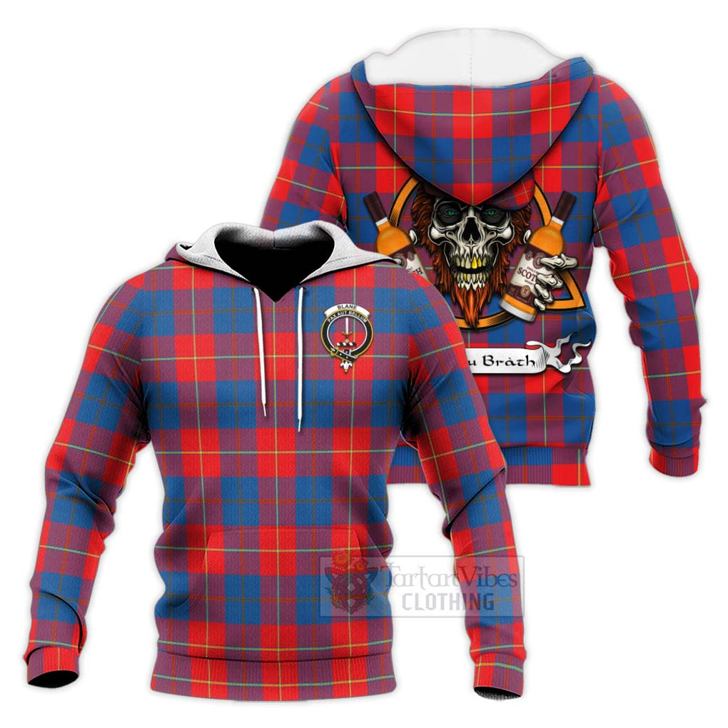 Tartan Vibes Clothing Blane Tartan Knitted Hoodie with Family Crest and Bearded Skull Holding Bottles of Whiskey