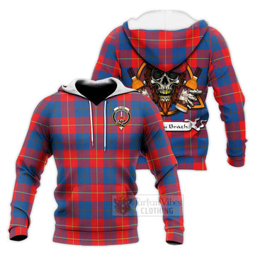 Blane Tartan Knitted Hoodie with Family Crest and Bearded Skull Holding Bottles of Whiskey