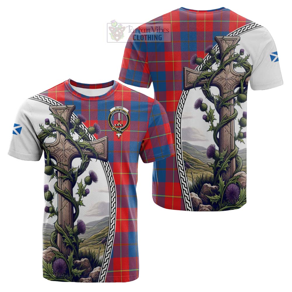 Tartan Vibes Clothing Blane Tartan Cotton T-shirt with Family Crest and St. Andrew's Cross Accented by Thistle Vines