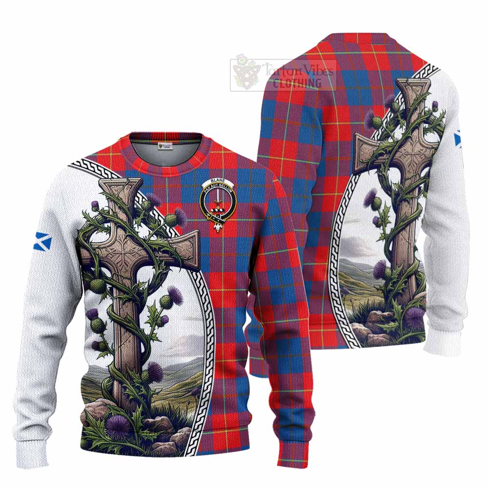 Tartan Vibes Clothing Blane Tartan Knitted Sweater with Family Crest and St. Andrew's Cross Accented by Thistle Vines