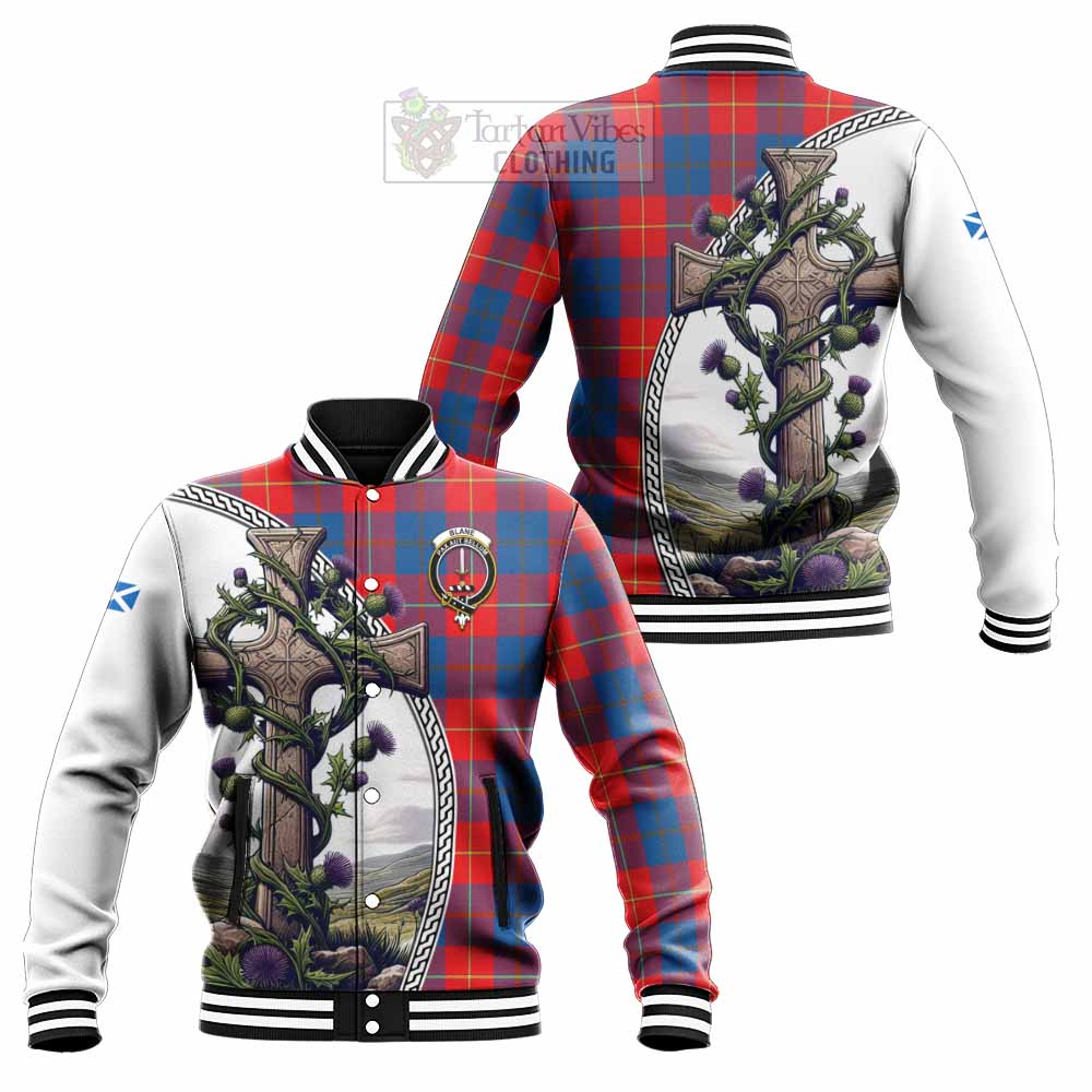 Tartan Vibes Clothing Blane Tartan Baseball Jacket with Family Crest and St. Andrew's Cross Accented by Thistle Vines