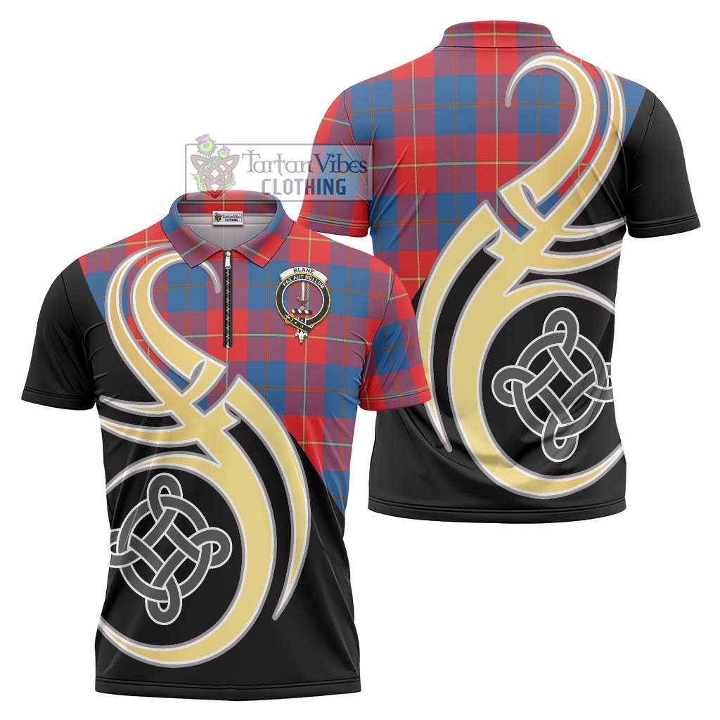 Tartan Vibes Clothing Blane Tartan Zipper Polo Shirt with Family Crest and Celtic Symbol Style