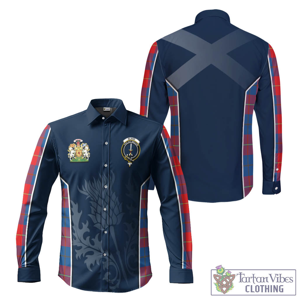 Tartan Vibes Clothing Blane Tartan Long Sleeve Button Up Shirt with Family Crest and Scottish Thistle Vibes Sport Style