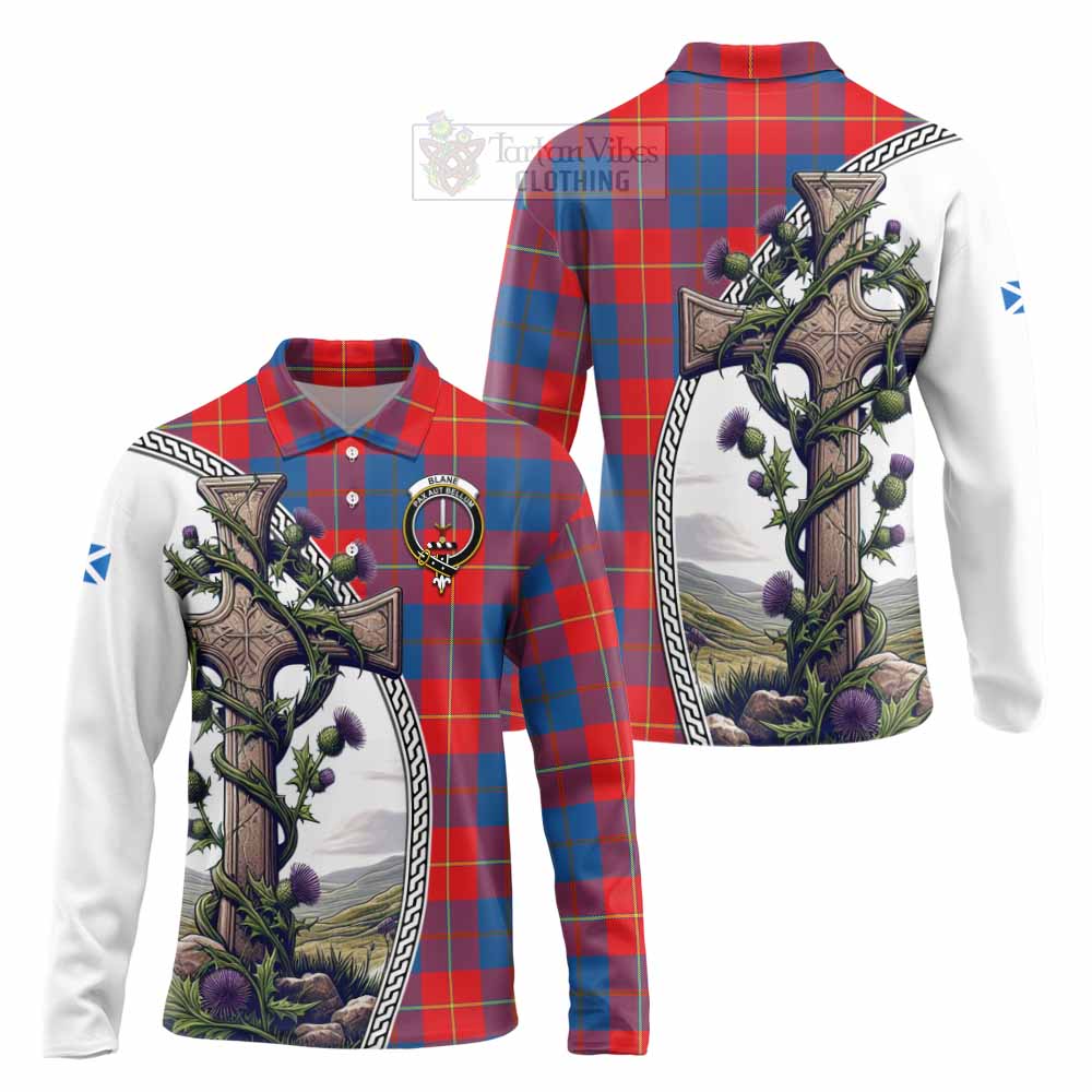 Tartan Vibes Clothing Blane Tartan Long Sleeve Polo Shirt with Family Crest and St. Andrew's Cross Accented by Thistle Vines