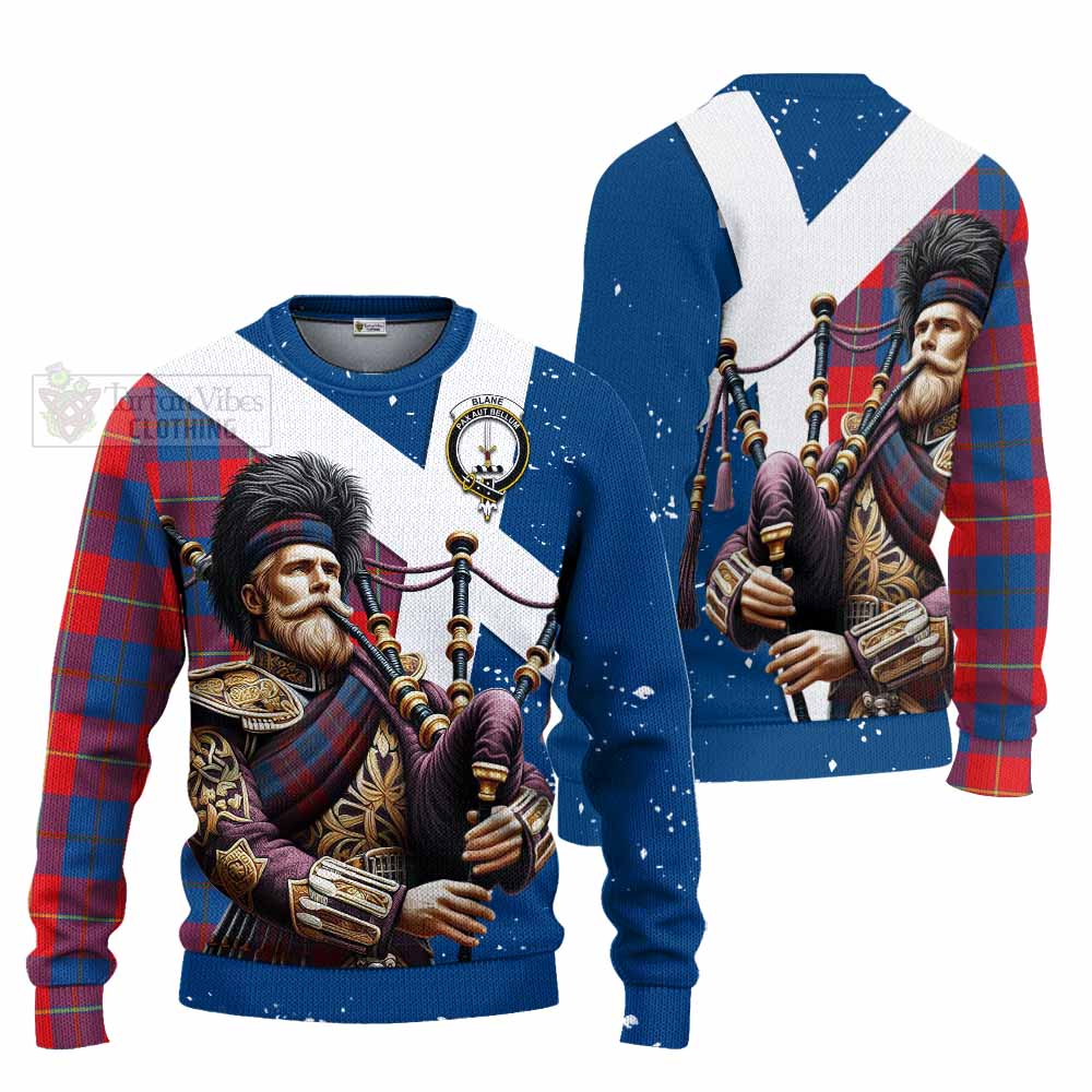 Tartan Vibes Clothing Blane Tartan Knitted Sweater with Family Crest Scottish Bagpiper Vibes