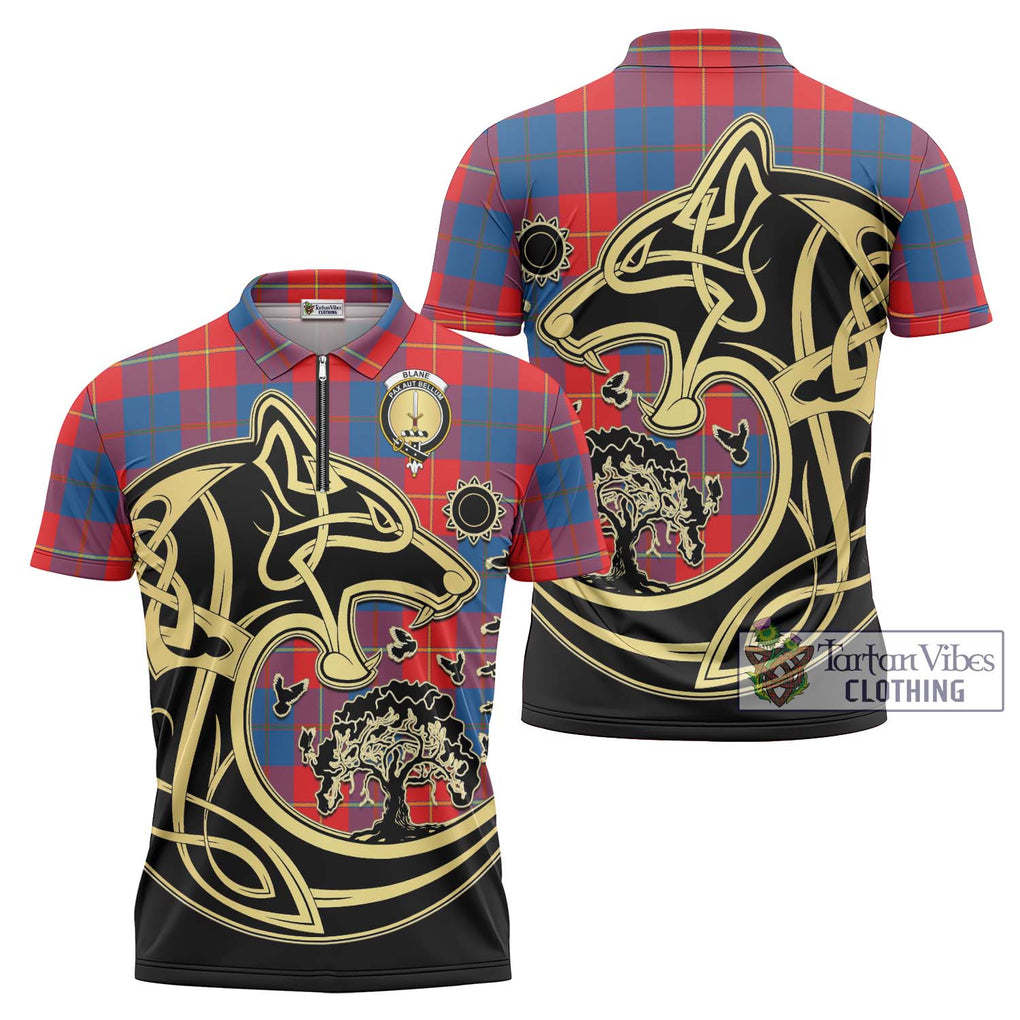 Blane Tartan Zipper Polo Shirt with Family Crest Celtic Wolf Style Unisex - Tartanvibesclothing Shop