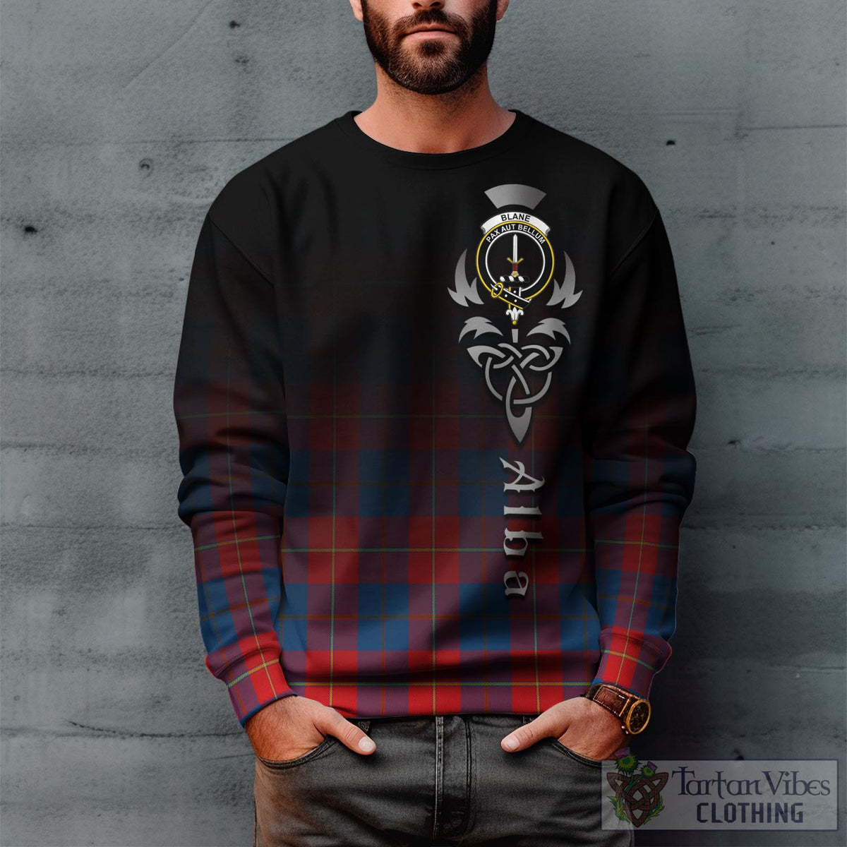 Blane Tartan Sweatshirt Featuring Alba Gu Brath Family Crest Celtic Inspired Unisex - Tartan Vibes Clothing