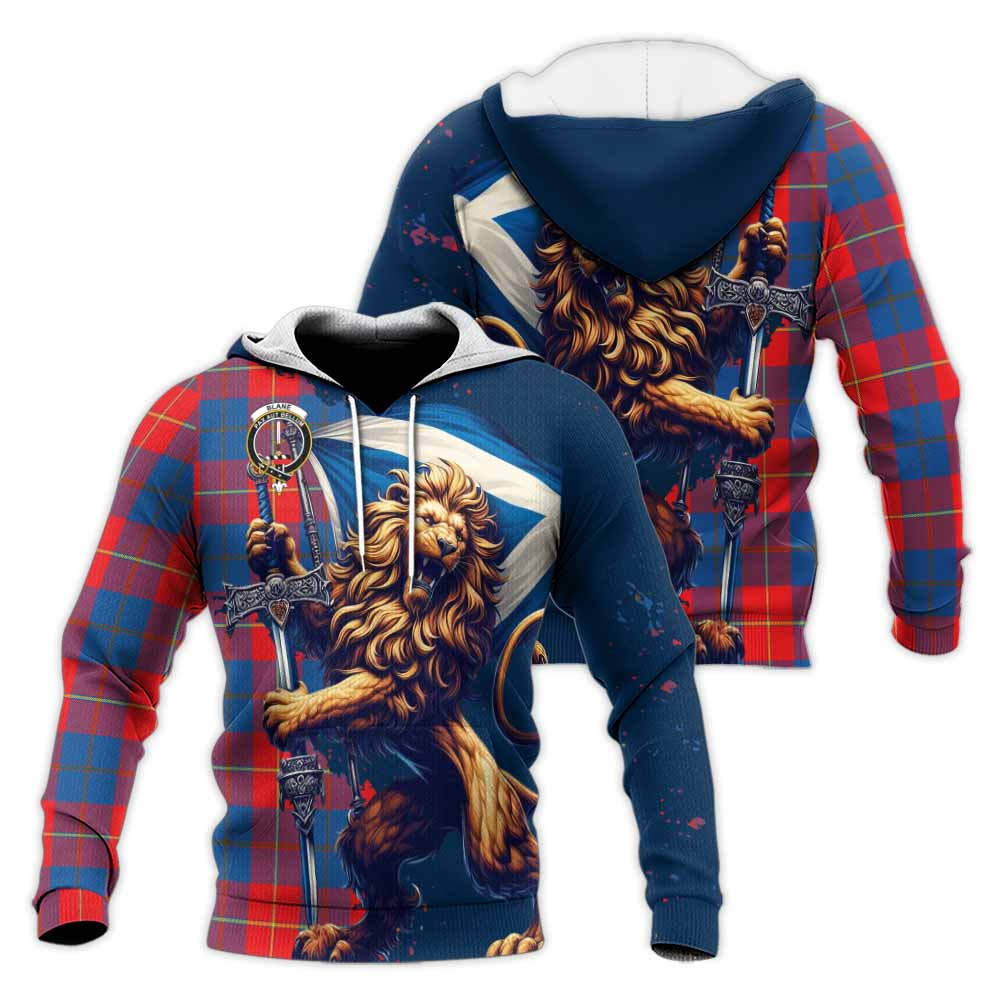 Tartan Vibes Clothing Blane Tartan Family Crest Knitted Hoodie with Scottish Majestic Lion