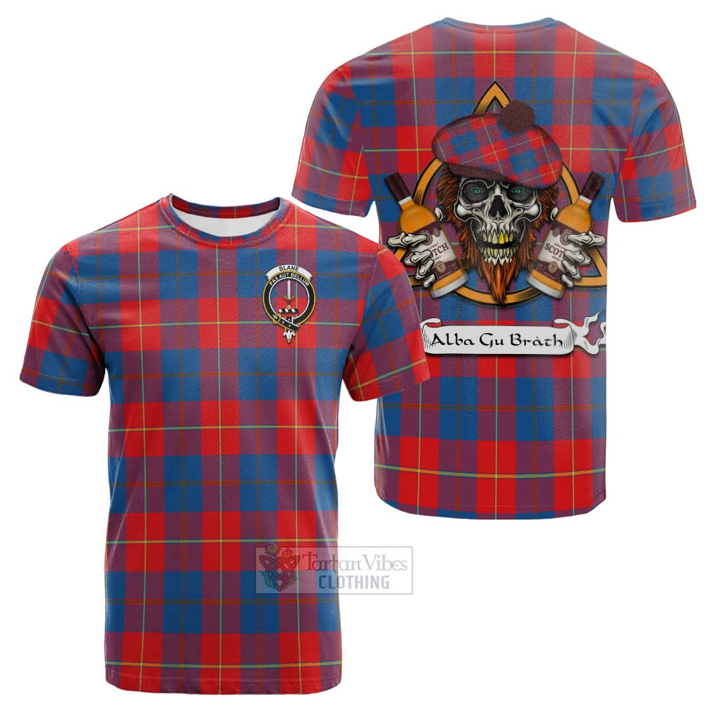 Tartan Vibes Clothing Blane Tartan Cotton T-shirt with Family Crest and Bearded Skull Holding Bottles of Whiskey