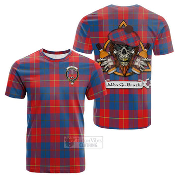 Blane Tartan Cotton T-shirt with Family Crest and Bearded Skull Holding Bottles of Whiskey