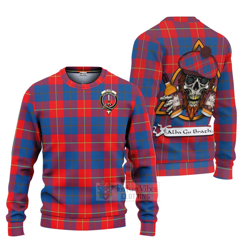 Tartan Vibes Clothing Blane Tartan Knitted Sweater with Family Crest and Bearded Skull Holding Bottles of Whiskey