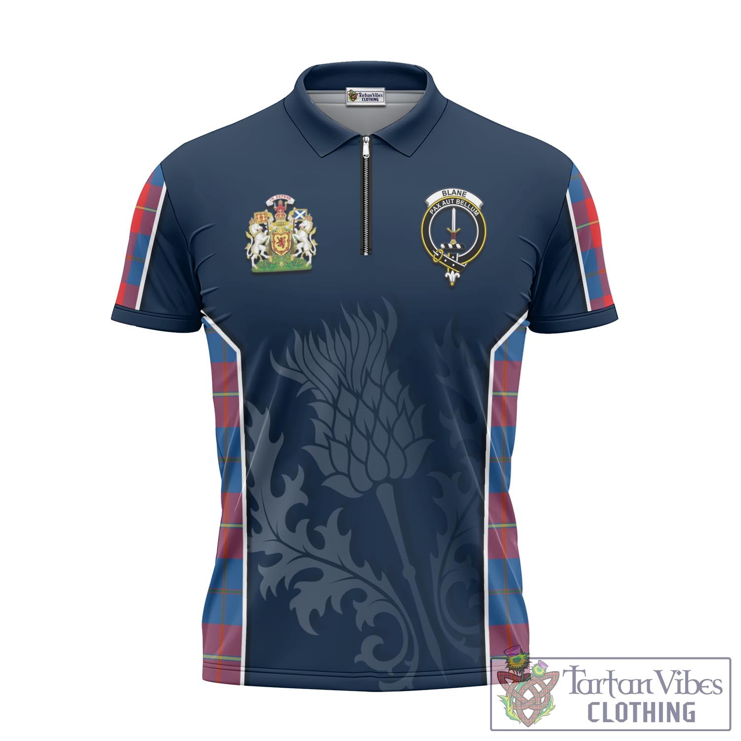 Tartan Vibes Clothing Blane Tartan Zipper Polo Shirt with Family Crest and Scottish Thistle Vibes Sport Style