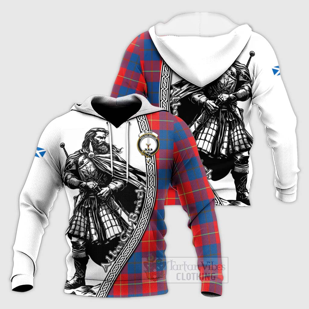 Tartan Vibes Clothing Blane Tartan Clan Crest Knitted Hoodie with Highlander Warrior Celtic Style