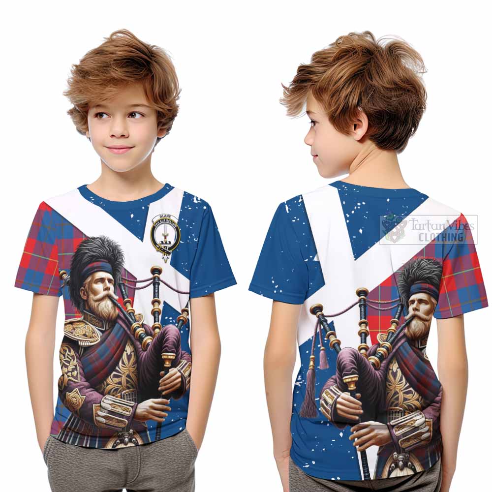 Tartan Vibes Clothing Blane Tartan Kid T-Shirt with Family Crest Scottish Bagpiper Vibes