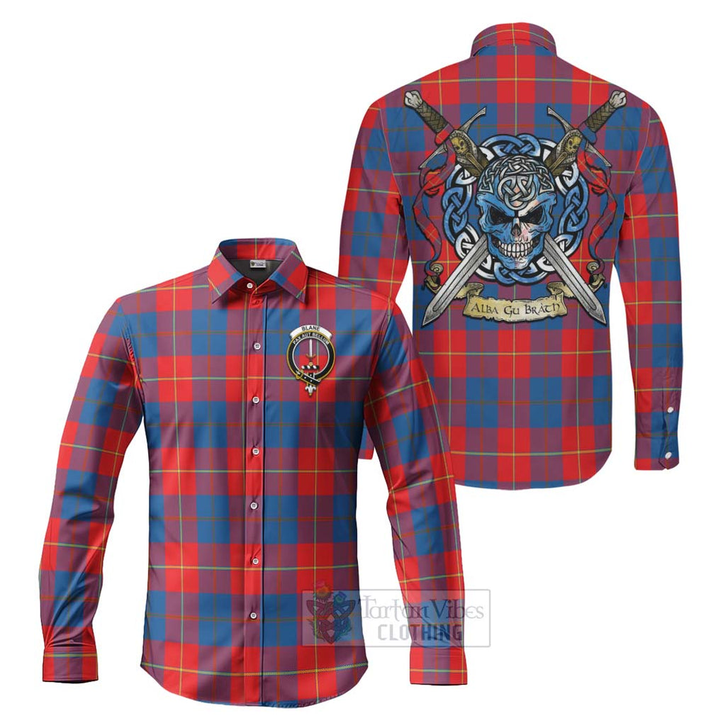 Tartan Vibes Clothing Blane Tartan Long Sleeve Button Shirt with Family Crest Celtic Skull Style