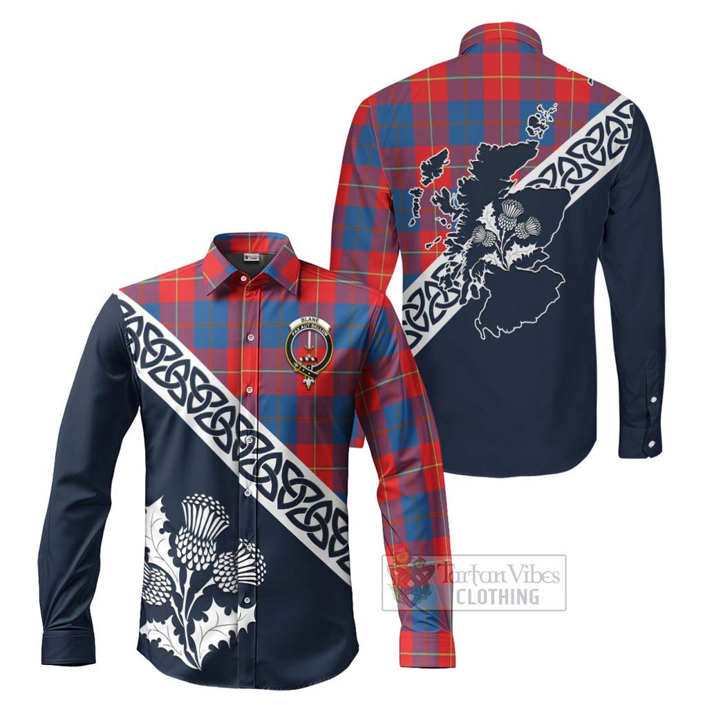 Tartan Vibes Clothing Blane Tartan Long Sleeve Button Shirt Featuring Thistle and Scotland Map