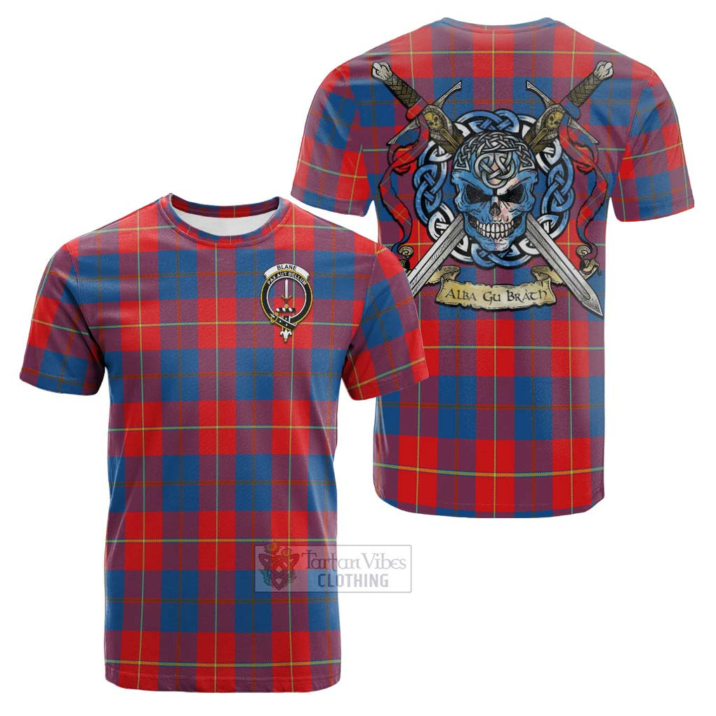 Tartan Vibes Clothing Blane Tartan Cotton T-shirt with Family Crest Celtic Skull Style