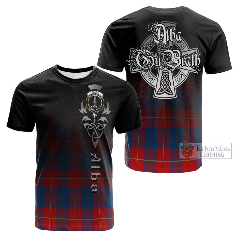 Tartan Vibes Clothing Blane Tartan Cotton T-shirt Featuring Alba Gu Brath Family Crest Celtic Inspired