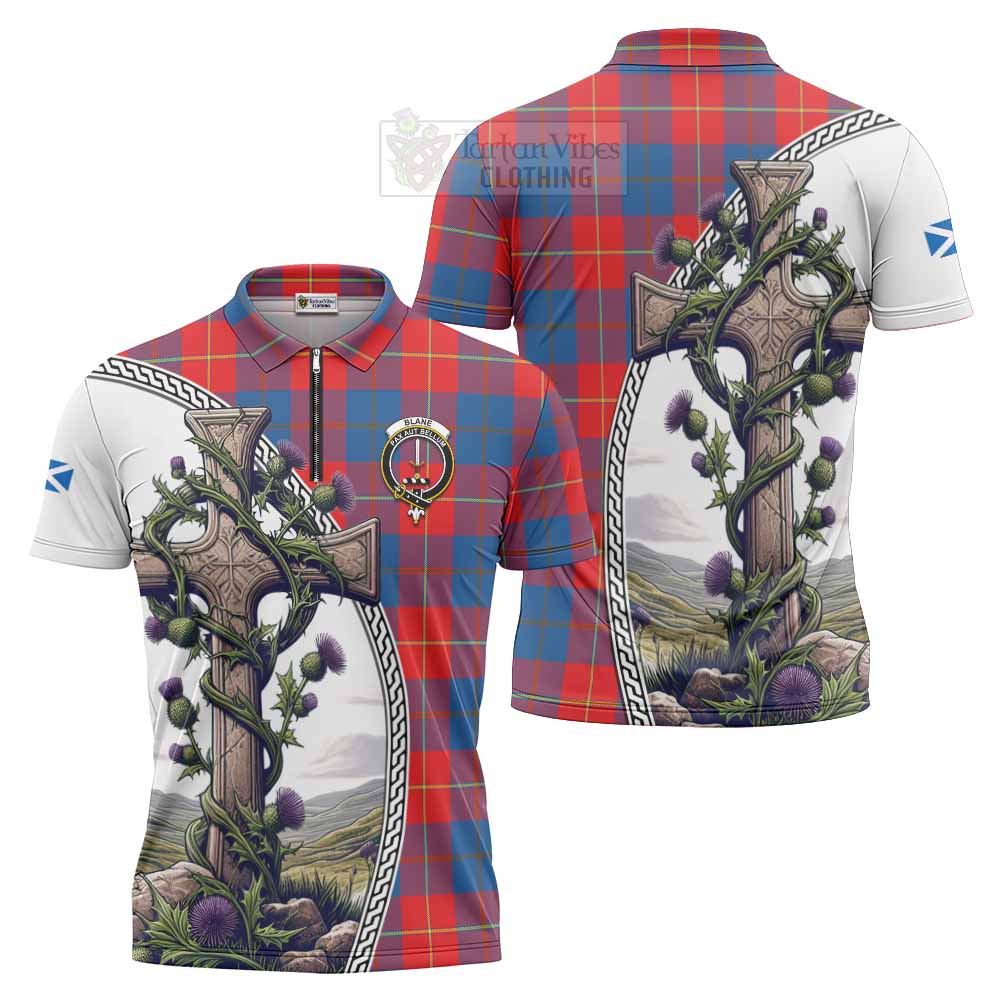 Tartan Vibes Clothing Blane Tartan Zipper Polo Shirt with Family Crest and St. Andrew's Cross Accented by Thistle Vines