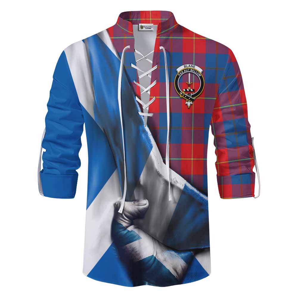 Tartan Vibes Clothing Blane Tartan Ghillie Kilt Shirt with Family Crest Scotland Patriotic Style