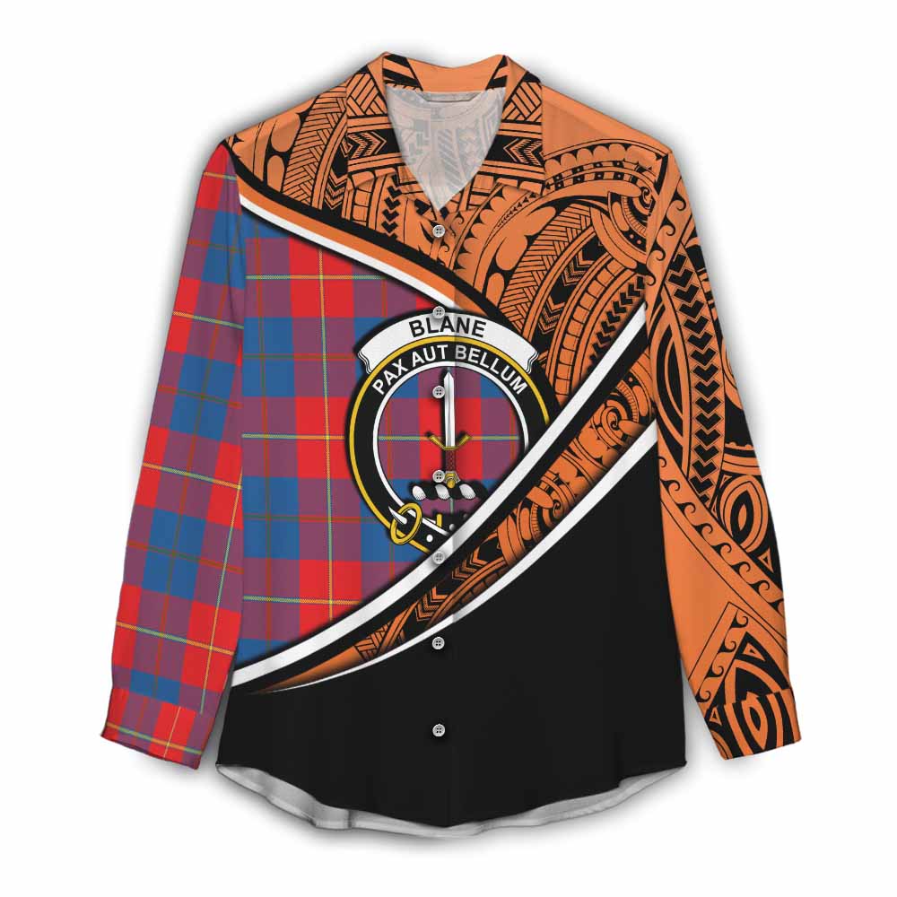 Tartan Vibes Clothing Blane Crest Tartan Women's Casual Shirt with Maori Tattoo Style - Orange Version