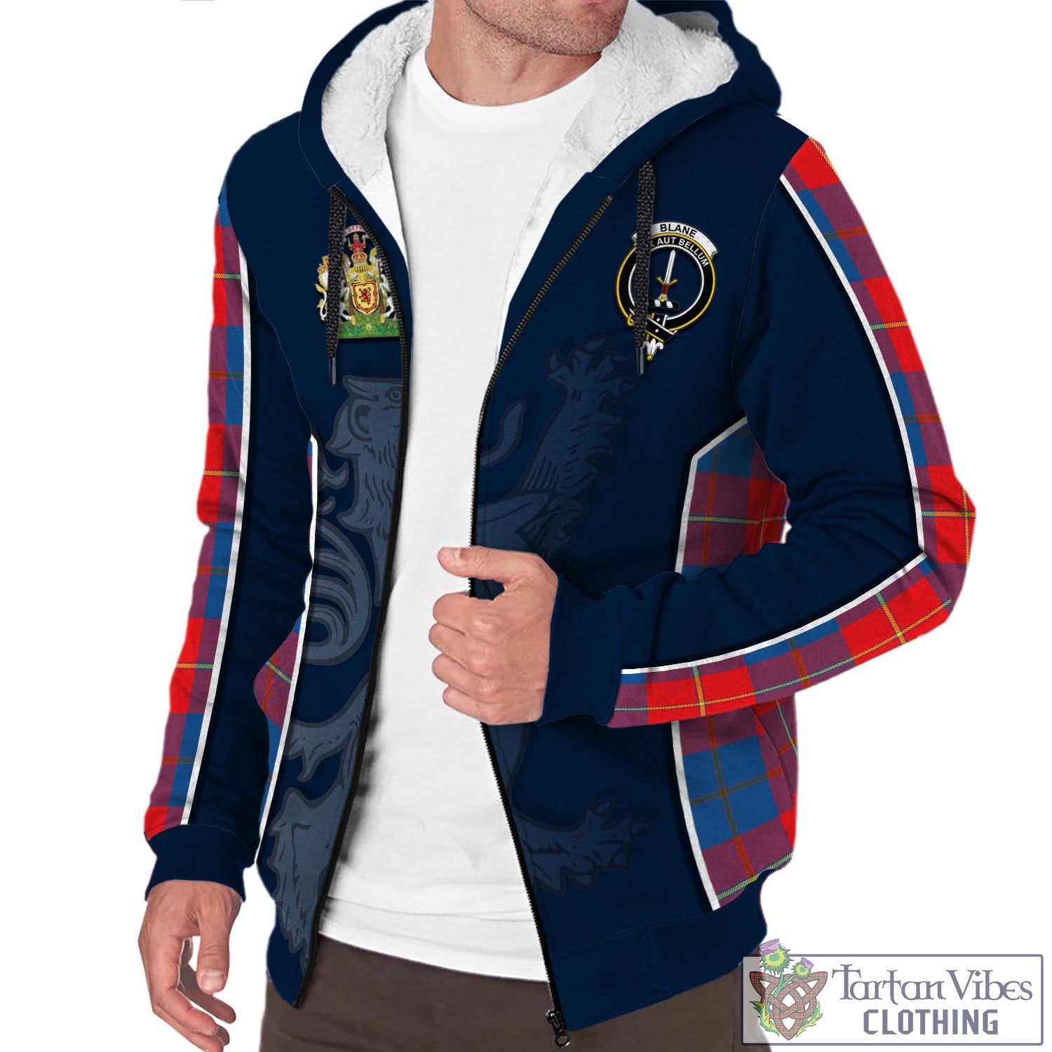 Tartan Vibes Clothing Blane Tartan Sherpa Hoodie with Family Crest and Lion Rampant Vibes Sport Style