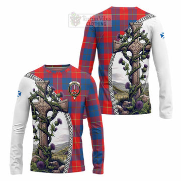 Blane Tartan Long Sleeve T-Shirt with Family Crest and St. Andrew's Cross Accented by Thistle Vines