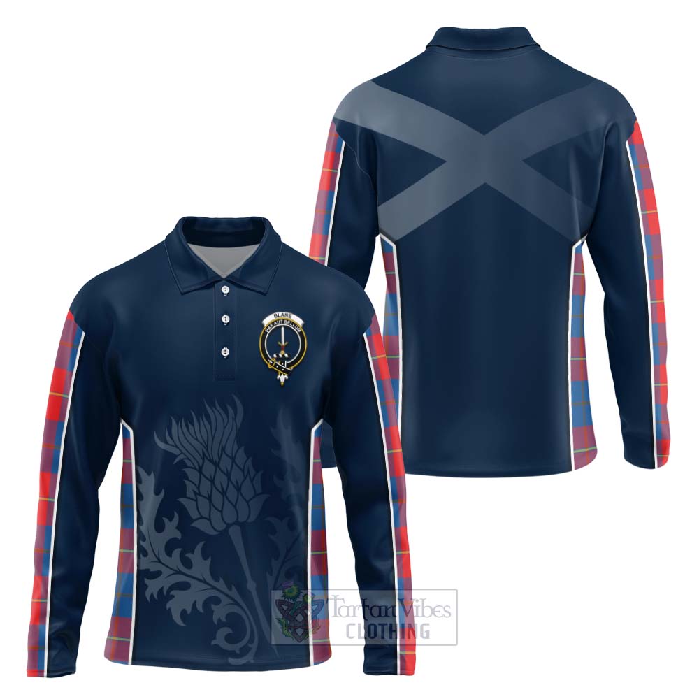 Tartan Vibes Clothing Blane Tartan Long Sleeve Polo Shirt with Family Crest and Scottish Thistle Vibes Sport Style