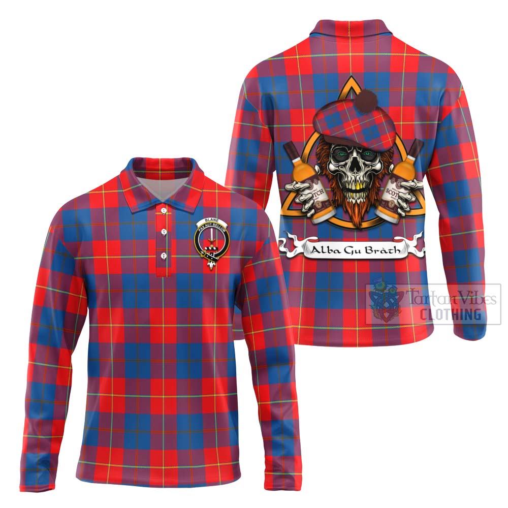 Tartan Vibes Clothing Blane Tartan Long Sleeve Polo Shirt with Family Crest and Bearded Skull Holding Bottles of Whiskey