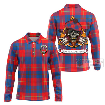 Blane Tartan Long Sleeve Polo Shirt with Family Crest and Bearded Skull Holding Bottles of Whiskey