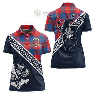 Blane Tartan Women's Polo Shirt Featuring Thistle and Scotland Map