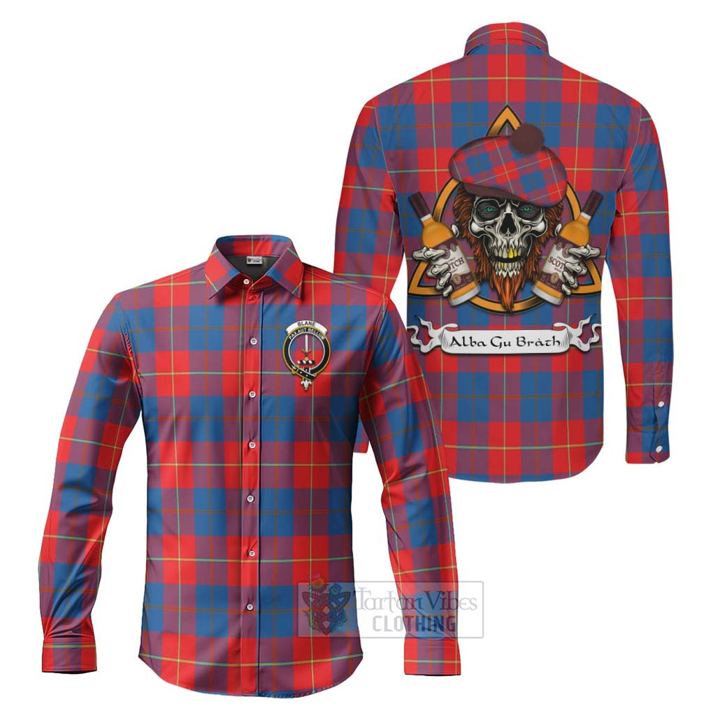 Tartan Vibes Clothing Blane Tartan Long Sleeve Button Shirt with Family Crest and Bearded Skull Holding Bottles of Whiskey