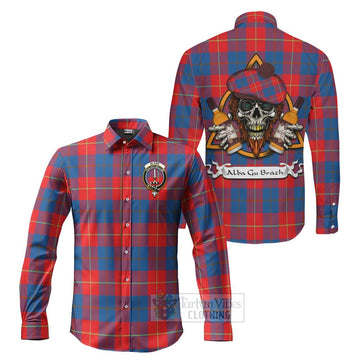 Blane Tartan Long Sleeve Button Shirt with Family Crest and Bearded Skull Holding Bottles of Whiskey