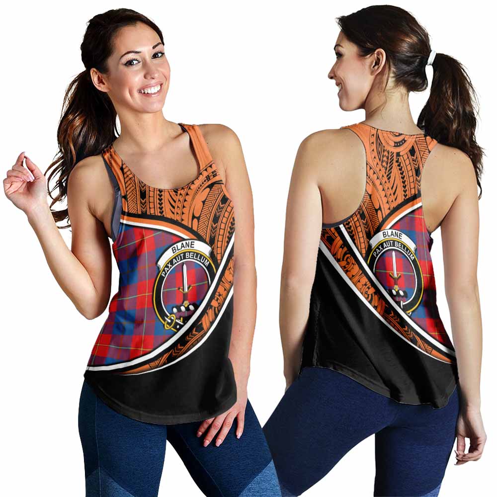 Tartan Vibes Clothing Blane Crest Tartan Women's Racerback Tanks with Maori Tattoo Style - Orange Version