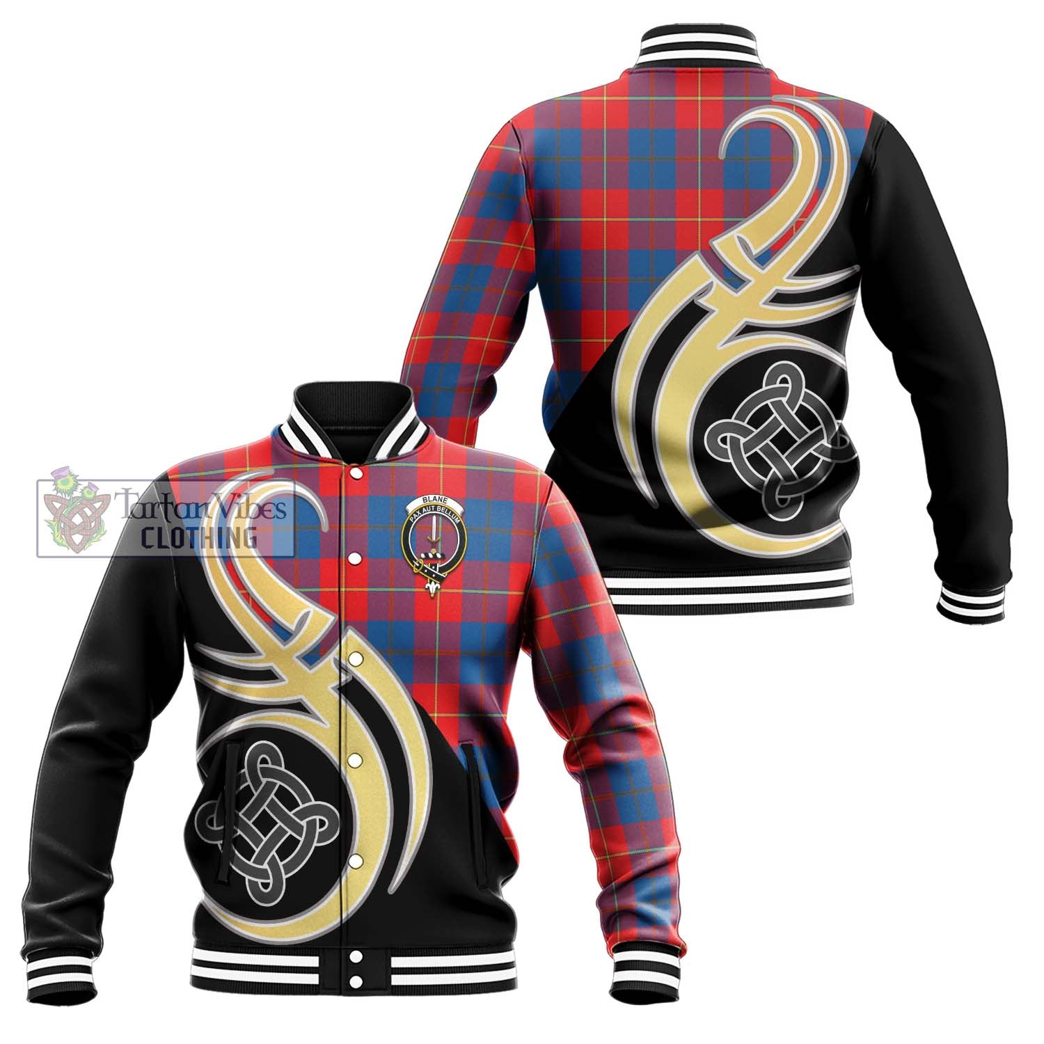 Blane Tartan Baseball Jacket with Family Crest and Celtic Symbol Style Unisex - Tartan Vibes Clothing