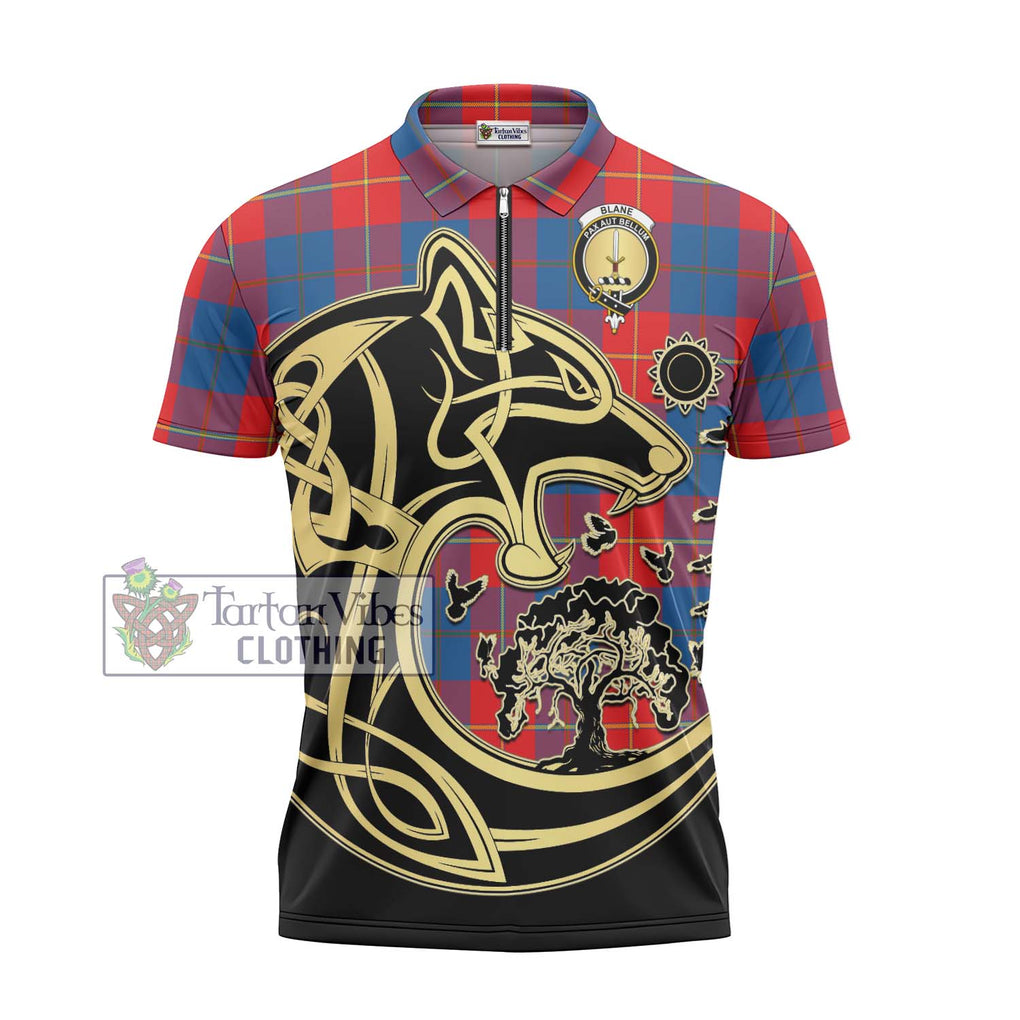 Blane Tartan Zipper Polo Shirt with Family Crest Celtic Wolf Style - Tartanvibesclothing Shop