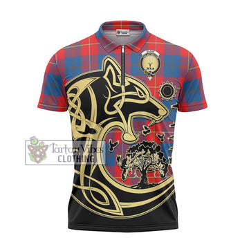 Blane Tartan Zipper Polo Shirt with Family Crest Celtic Wolf Style