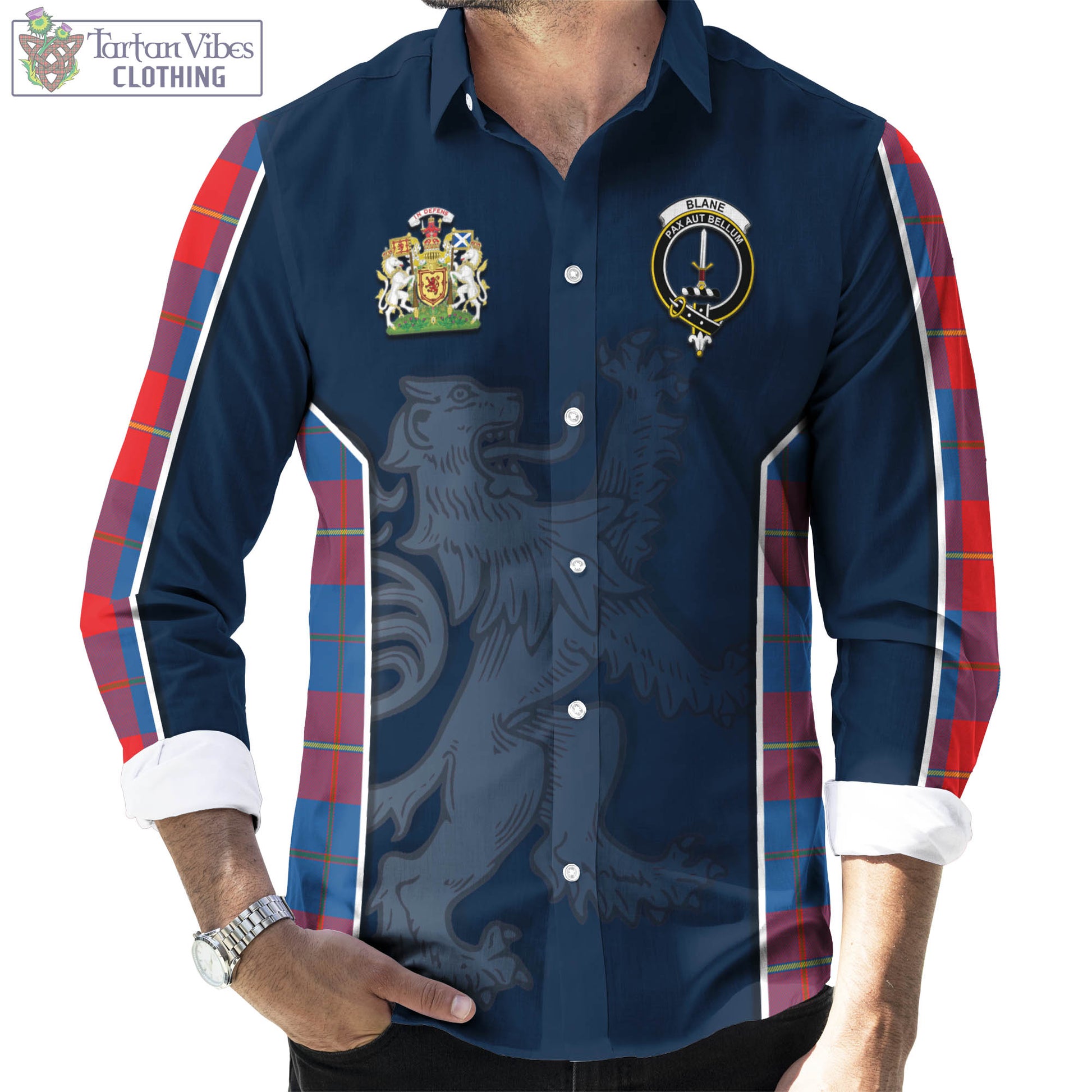 Tartan Vibes Clothing Blane Tartan Long Sleeve Button Up Shirt with Family Crest and Lion Rampant Vibes Sport Style