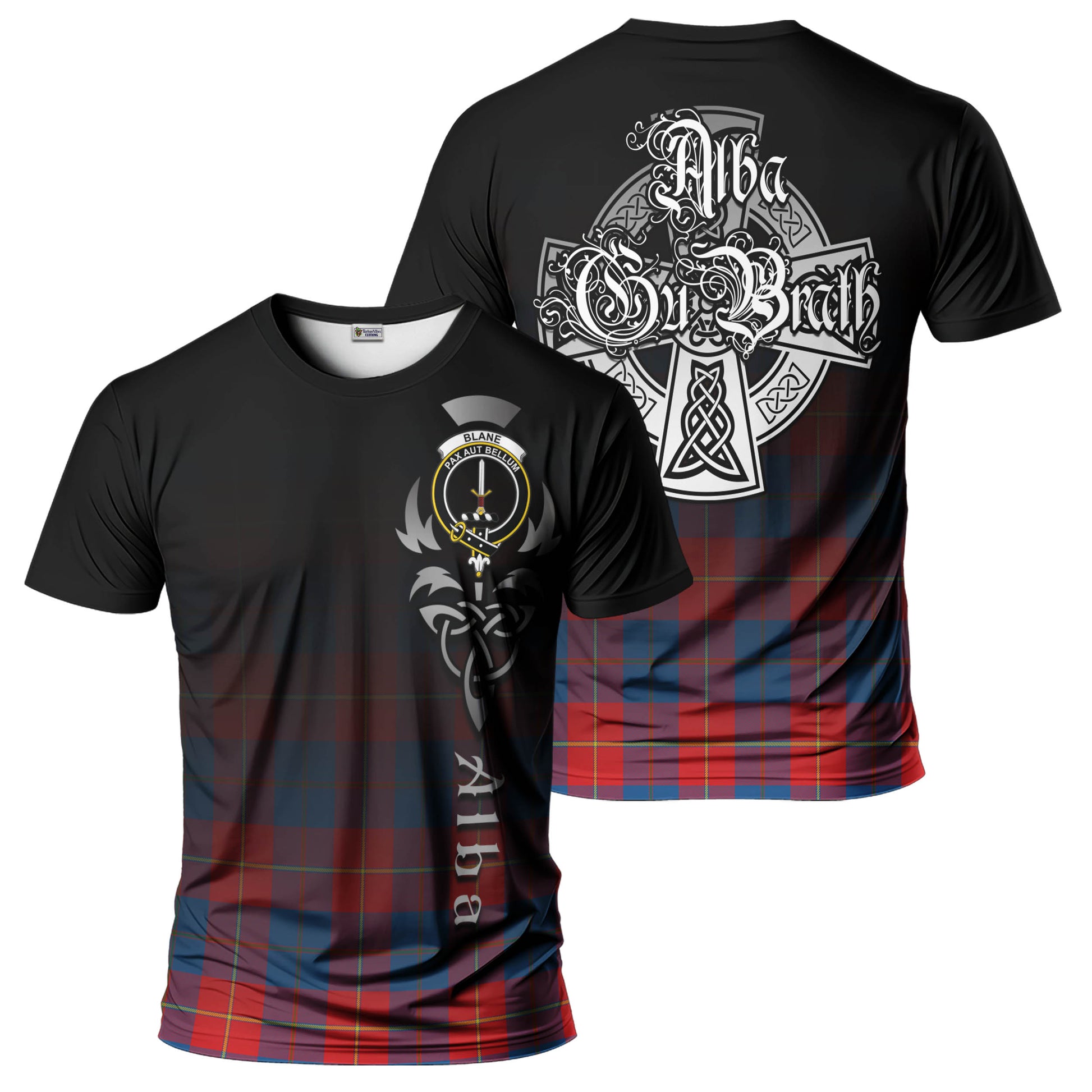 Tartan Vibes Clothing Blane Tartan T-Shirt Featuring Alba Gu Brath Family Crest Celtic Inspired