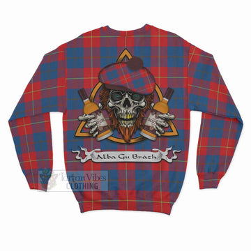 Blane Tartan Sweatshirt with Family Crest and Bearded Skull Holding Bottles of Whiskey - Tartan Vibes Clothing