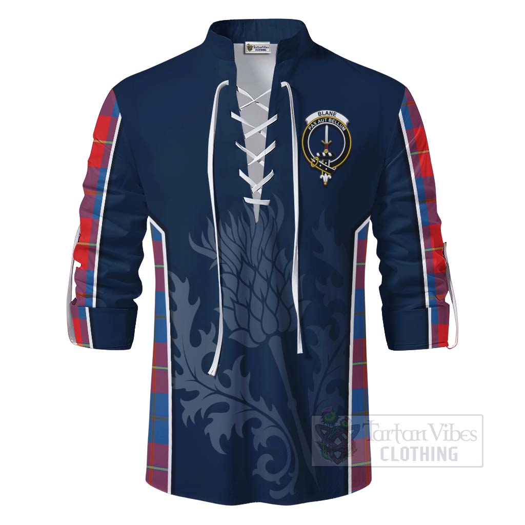 Tartan Vibes Clothing Blane Tartan Ghillie Kilt Shirt with Family Crest and Scottish Thistle Vibes Sport Style