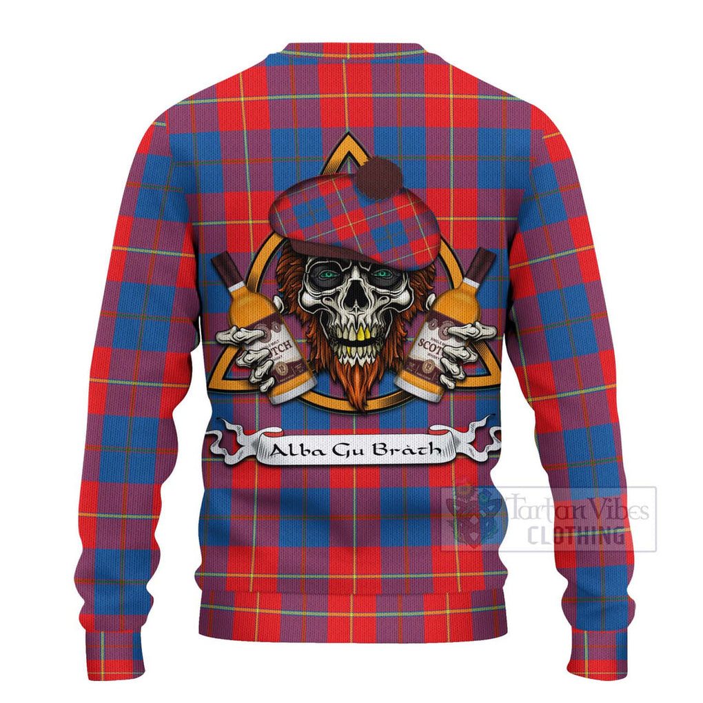 Tartan Vibes Clothing Blane Tartan Knitted Sweater with Family Crest and Bearded Skull Holding Bottles of Whiskey