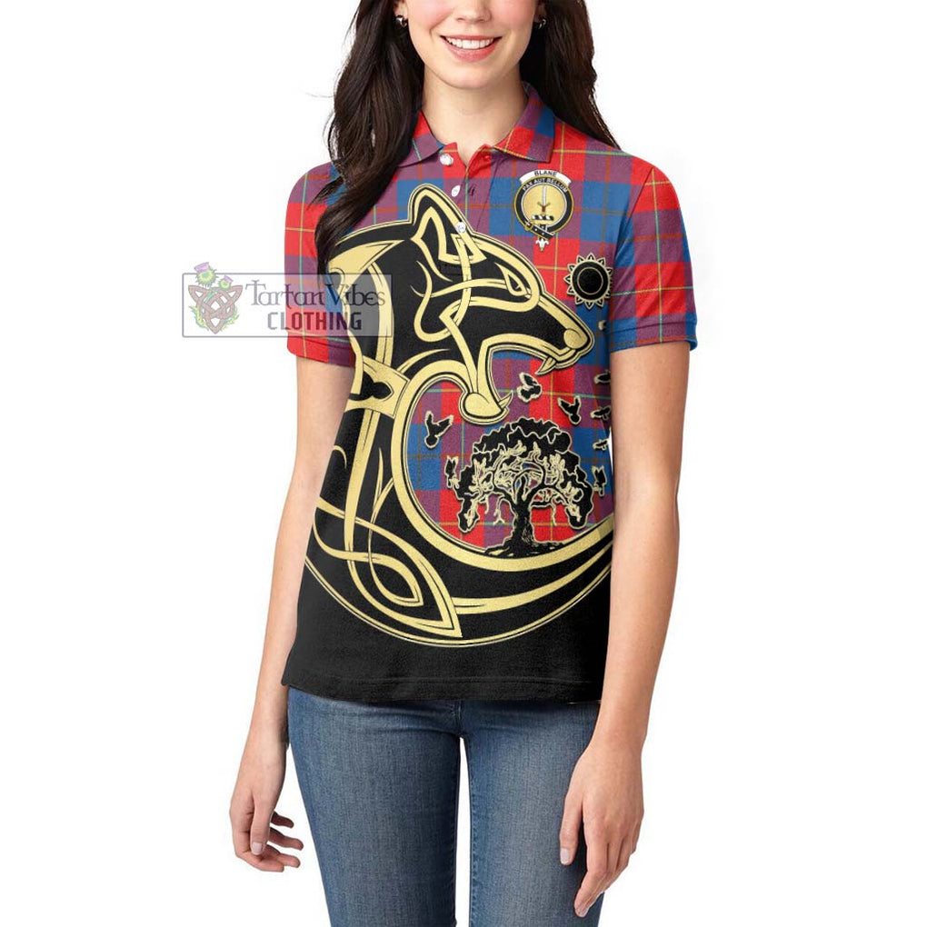 Blane Tartan Women's Polo Shirt with Family Crest Celtic Wolf Style - Tartanvibesclothing Shop