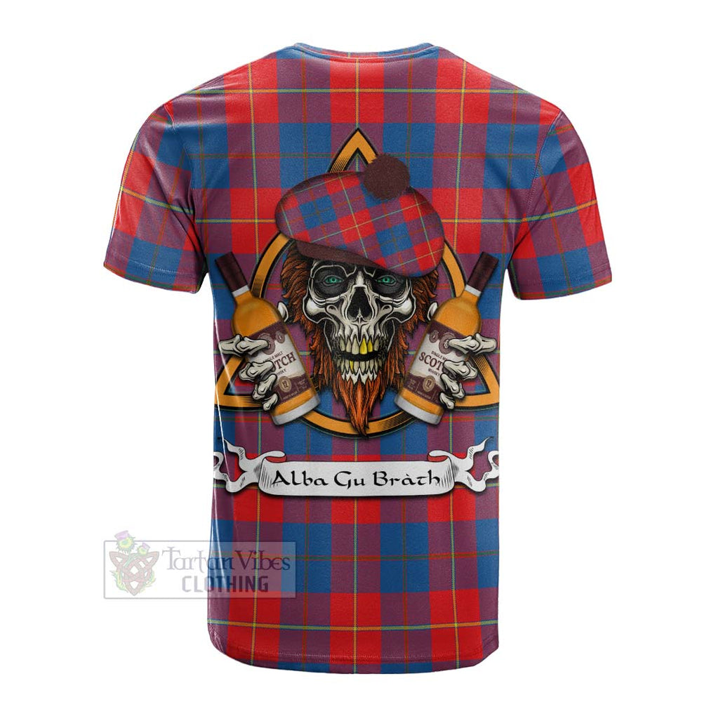 Tartan Vibes Clothing Blane Tartan Cotton T-shirt with Family Crest and Bearded Skull Holding Bottles of Whiskey