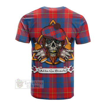 Blane Tartan Cotton T-shirt with Family Crest and Bearded Skull Holding Bottles of Whiskey