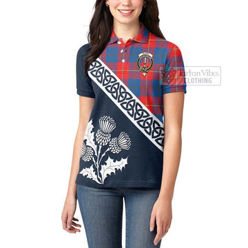 Blane Tartan Women's Polo Shirt Featuring Thistle and Scotland Map