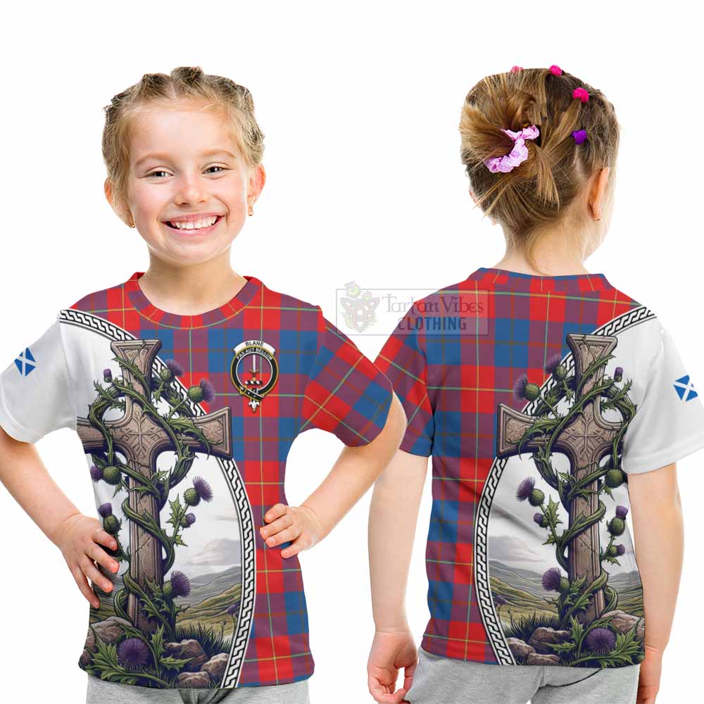 Tartan Vibes Clothing Blane Tartan Kid T-Shirt with Family Crest and St. Andrew's Cross Accented by Thistle Vines