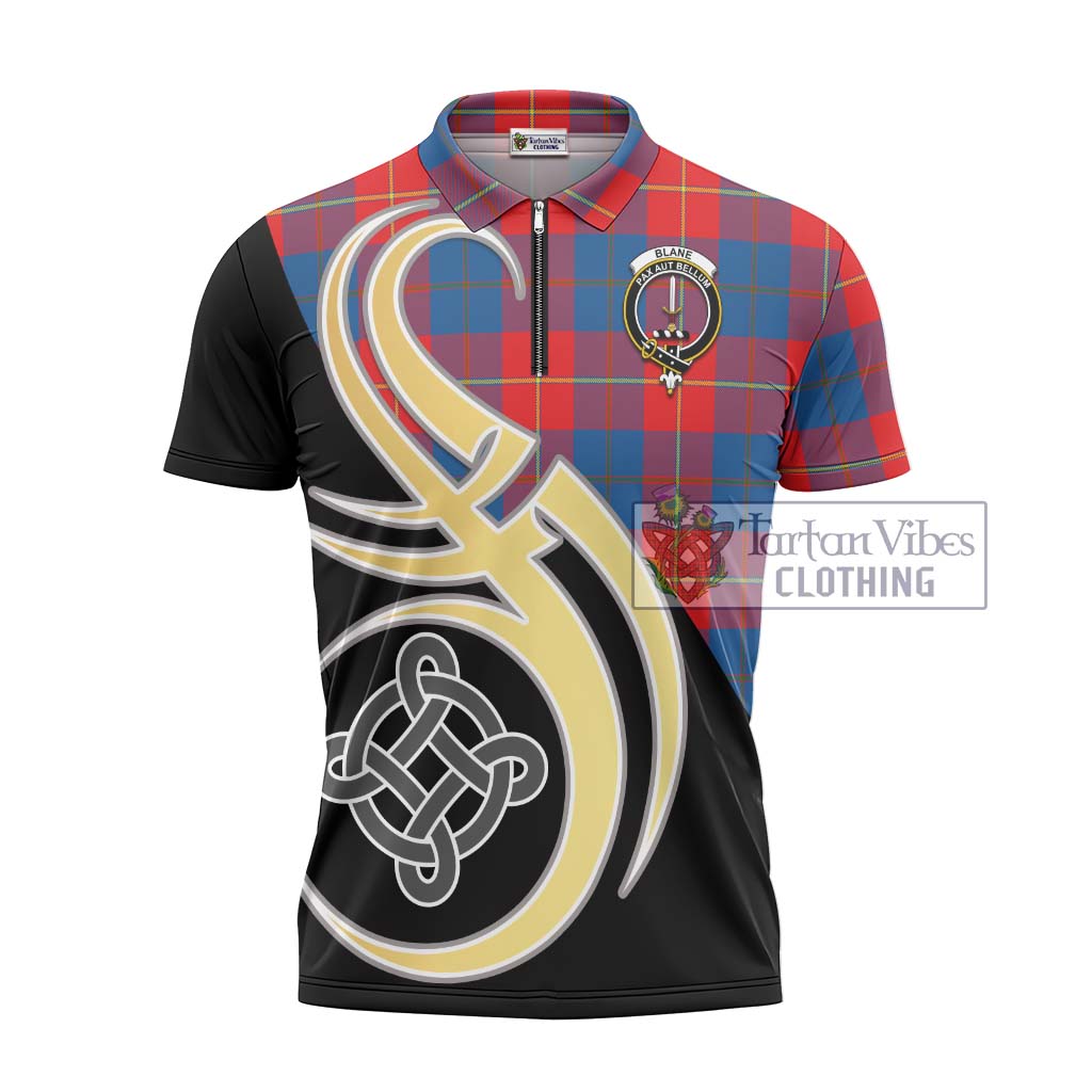 Tartan Vibes Clothing Blane Tartan Zipper Polo Shirt with Family Crest and Celtic Symbol Style